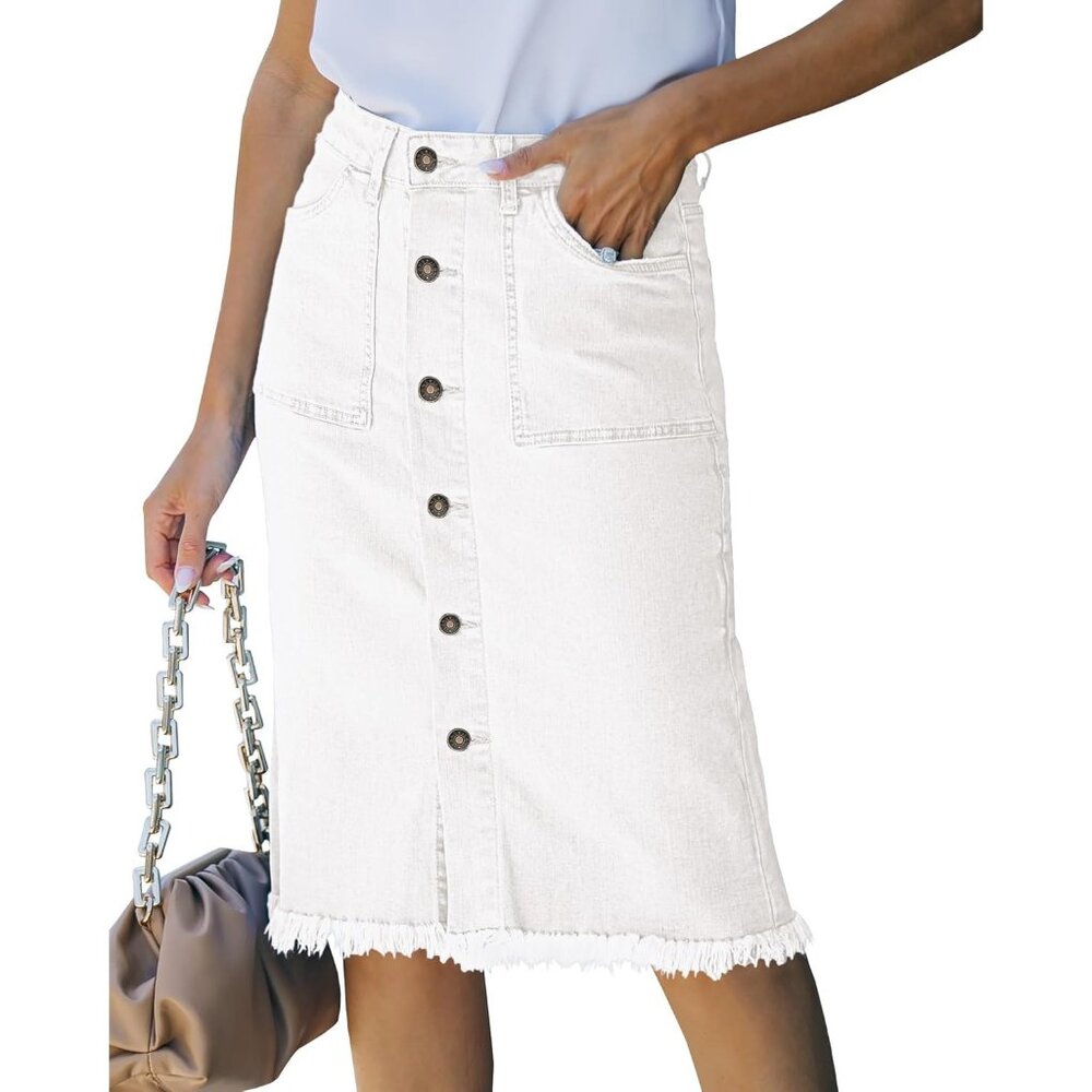 Women's Casual Mid Rise Button Down Frayed Raw Hem Denim Jean Midi Skirt